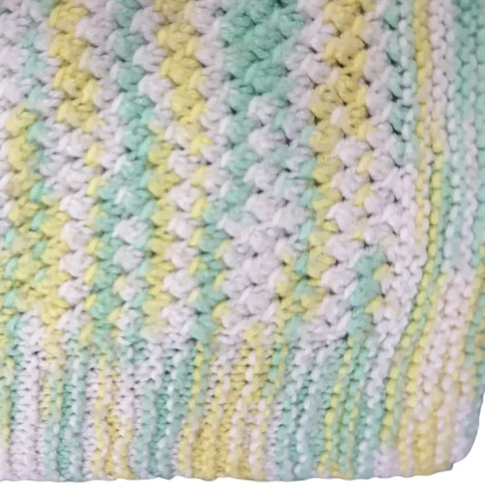 Vintage 1970s Hand Knit Baby Blanket Pastel Yellow Green Stripe 32x34